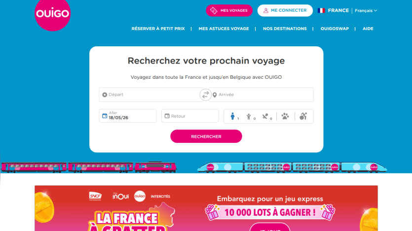 Search interface for travel in France with a promotional banner below.
