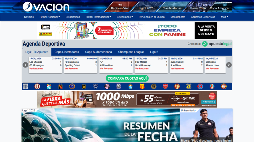 Sports agenda section with event listings and promotional banners.