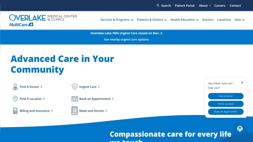 Medical center homepage with navigation and services including urgent care, appointments, and news