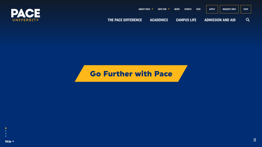 Pace University homepage featuring a bold call to action: 'Go Further with Pace'.