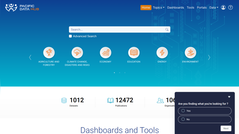 Pacific Data Hub homepage with search bar, navigation menu, and icons for topics like agriculture, climate change, economy, education, energy, environment