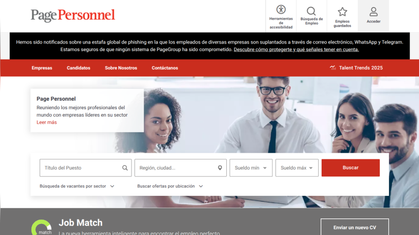 Page Personnel website with search bar and job match feature displayed prominently.