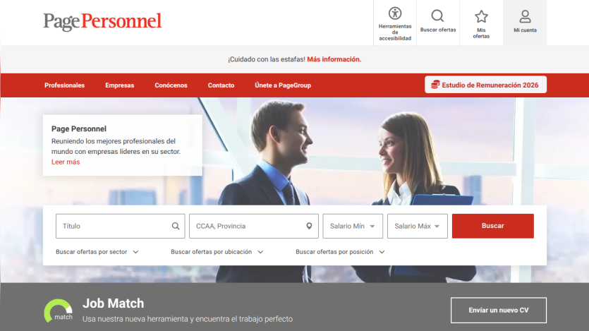 Page Personnel job search page with navigation, job search form, and Job Match tool promotion