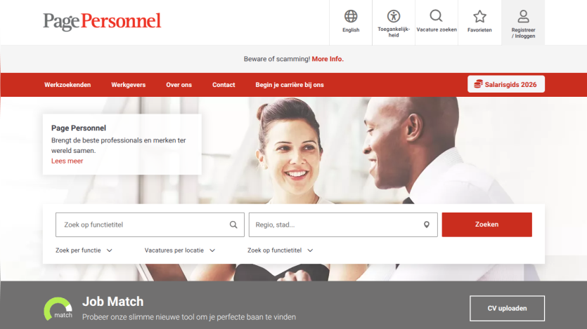 Page Personnel homepage featuring a job search bar and images of professionals.