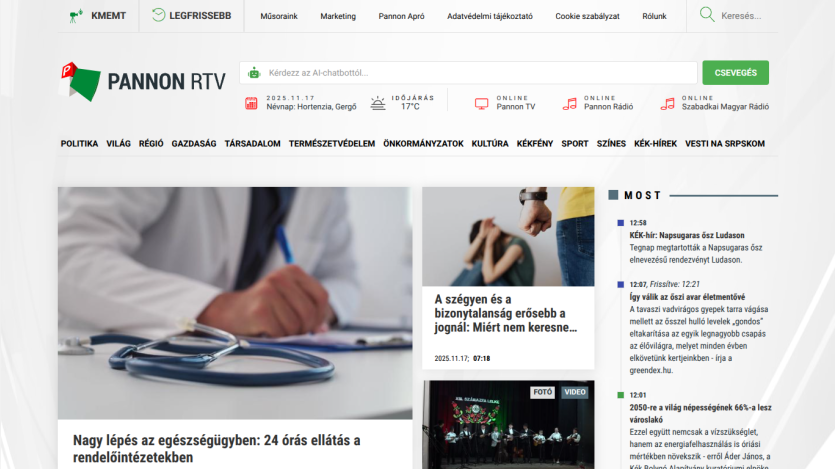 Pannon RTV news site with headlines on healthcare, legal issues, and local events, plus weather and online radio links