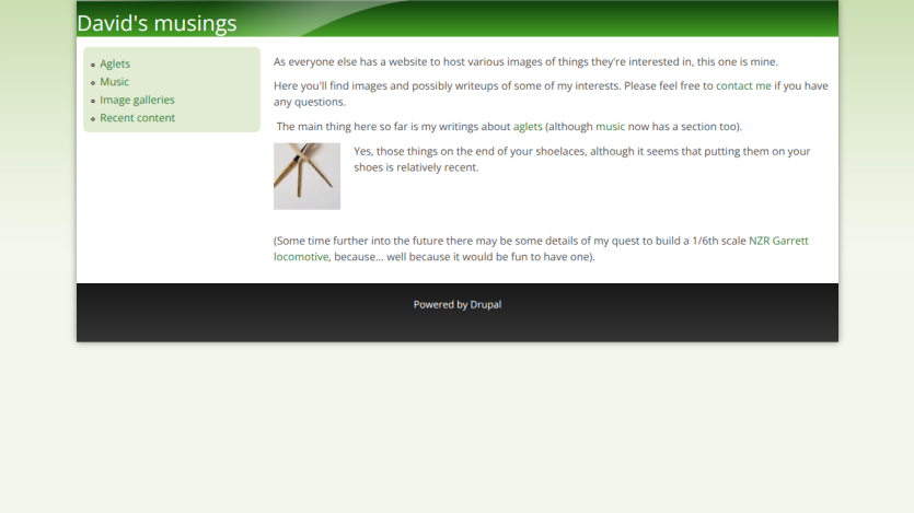 David's musings website with navigation links and introductory text about interests including aglets and music, plus a small image of shoelace tips.
