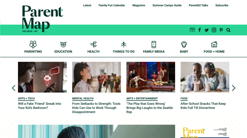 Homepage of Parent Map featuring articles on parenting, education, and health.