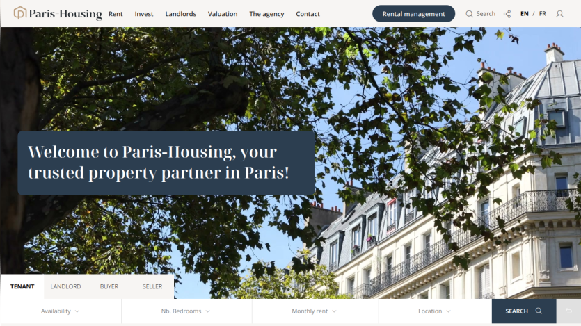 Homepage of Paris Housing with a welcome message and property imagery.