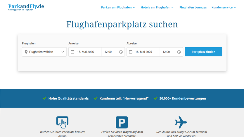 Search interface for airport parking with options for location and date selection.