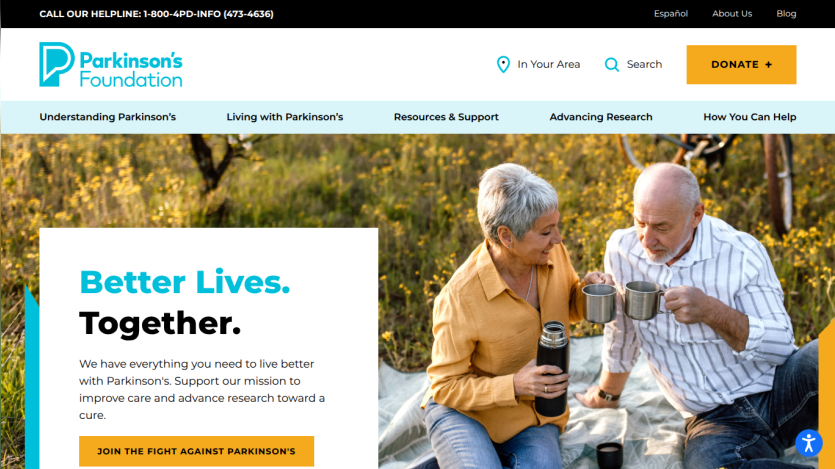 Homepage of Parkinson's Foundation featuring a couple enjoying coffee with a call to action to join the fight against Parkinson's.