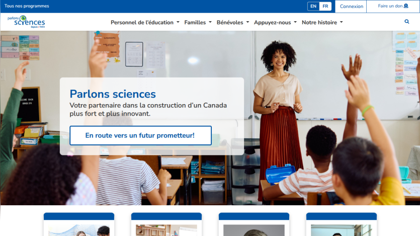Educational website homepage with a teacher and students raising hands, promoting science education in Canada