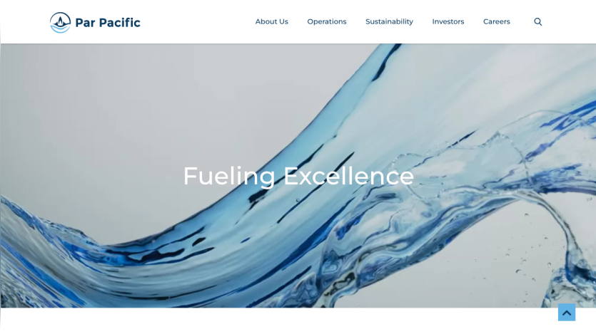 Par Pacific website header with navigation and hero section featuring water splash image and text 'Fueling Excellence'