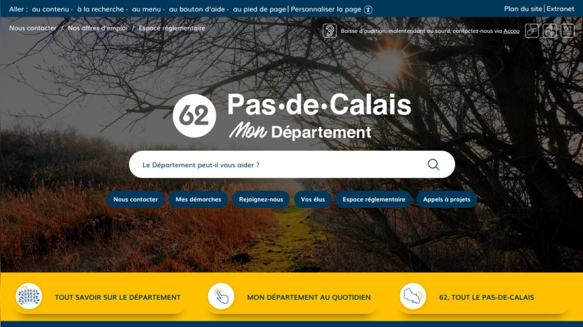 Pas-de-Calais departmental website with search bar and navigation buttons for contact, procedures, joining, elected officials, regulations, and projects