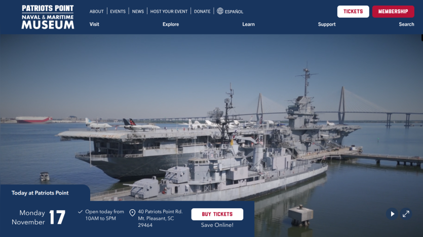 Patriots Point Naval & Maritime Museum homepage with event date, hours, location, and ticket purchase option