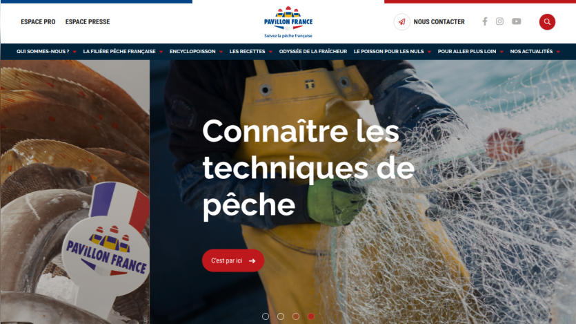 French seafood website homepage with diverse fish and shellfish on ice and headline about species and flavors