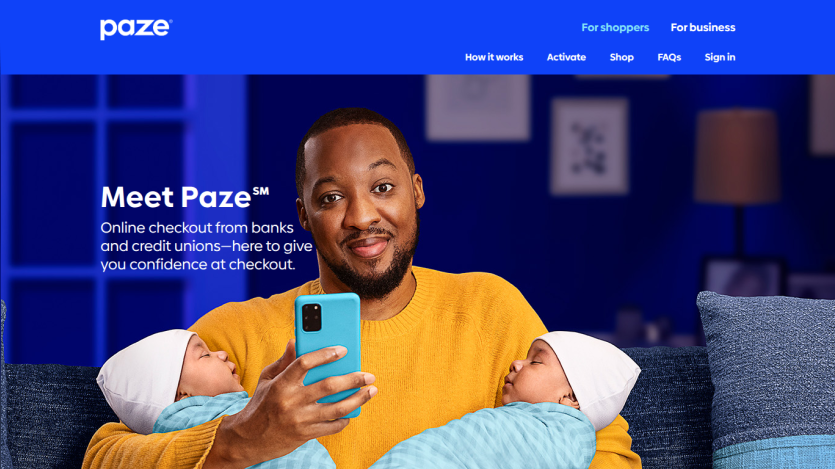 Homepage of Paze featuring a man with twins, promoting online checkout services.
