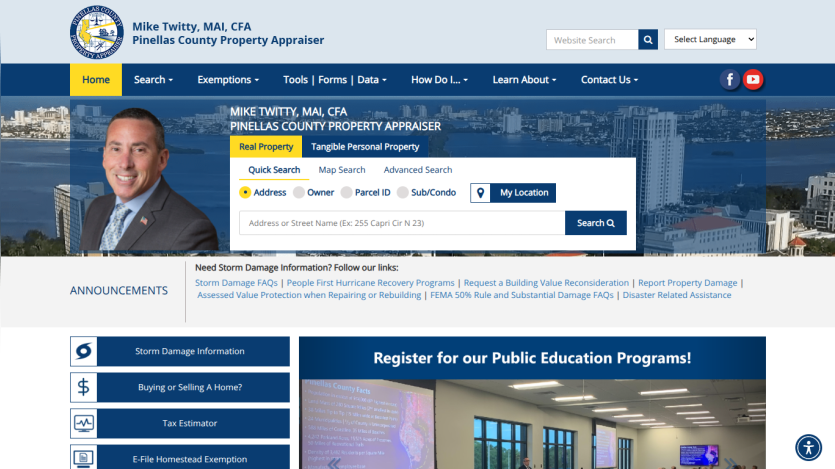 Pinellas County Property Appraiser homepage with search options and public education program registration