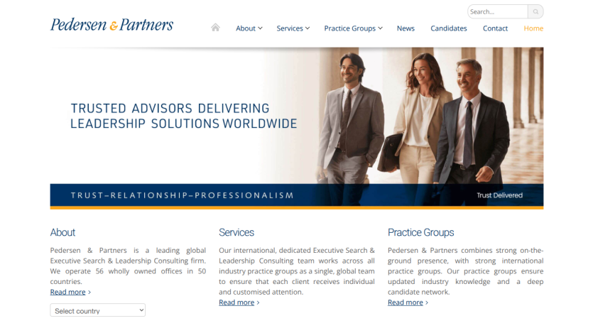 Pedersen & Partners homepage with navigation, tagline about leadership solutions, and sections on About, Services, and Practice Groups