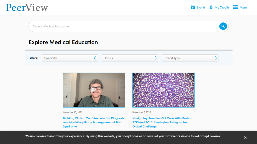 PeerView medical education site with search bar, filters, and video courses on clinical confidence and CLL care