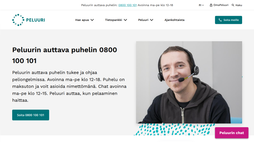 Support phone service for gambling problems with contact details and chat availability, accompanied by a smiling man with a headset
