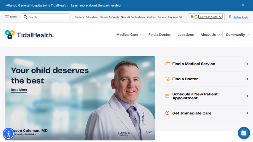 TidalHealth homepage with pediatric doctor image and options to find medical services, doctors, and schedule appointments