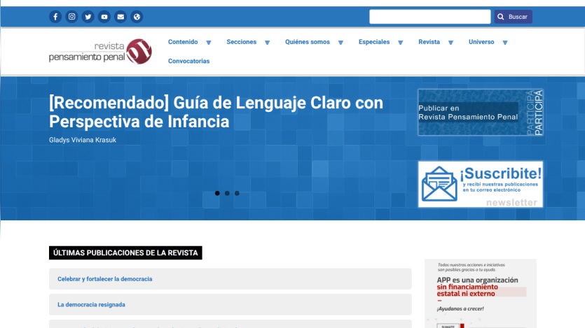 Website header and navigation of Revista Pensamiento Penal with a featured article on clear language from a childhood perspective and subscription call