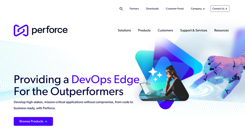 Homepage of Perforce showcasing DevOps solutions with a visual of a person working on a laptop.