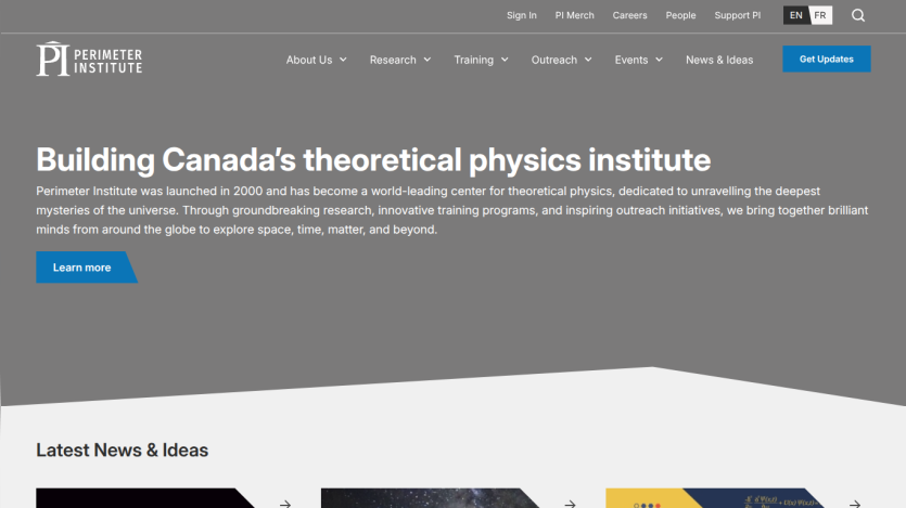 Homepage of the Perimeter Institute showcasing its mission and latest news.