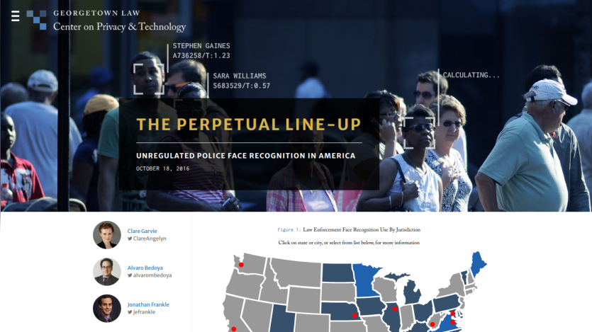 Georgetown Law Center on Privacy & Technology article titled The Perpetual Line-Up about unregulated police face recognition in America with a map of law enforcement face recognition use by jurisdiction