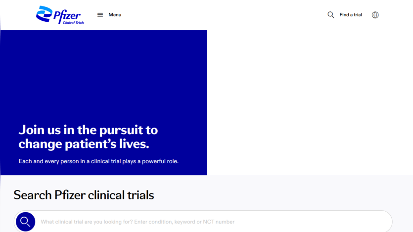 Pfizer Clinical Trials homepage with a call to join clinical trials and a search bar for trials
