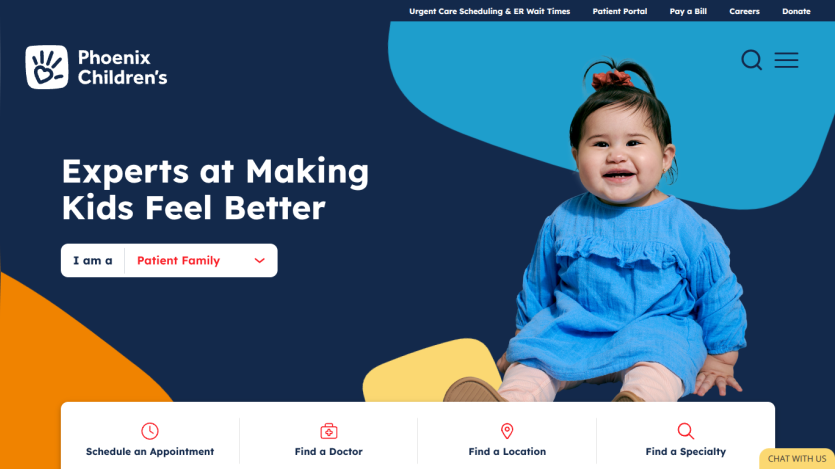 Phoenix Children's website with a smiling child and text about making kids feel better.