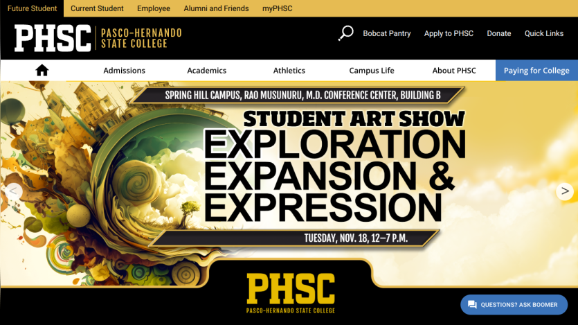 Pasco-Hernando State College homepage with navigation and student art show announcement for Nov 18