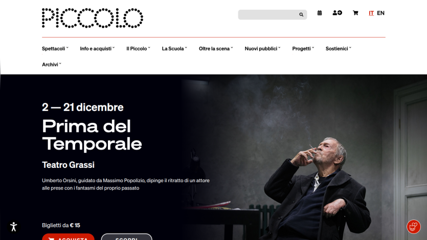 Theatre website promoting 'Prima del Temporale' show at Teatro Grassi from December 2 to 21 with ticket price from €15
