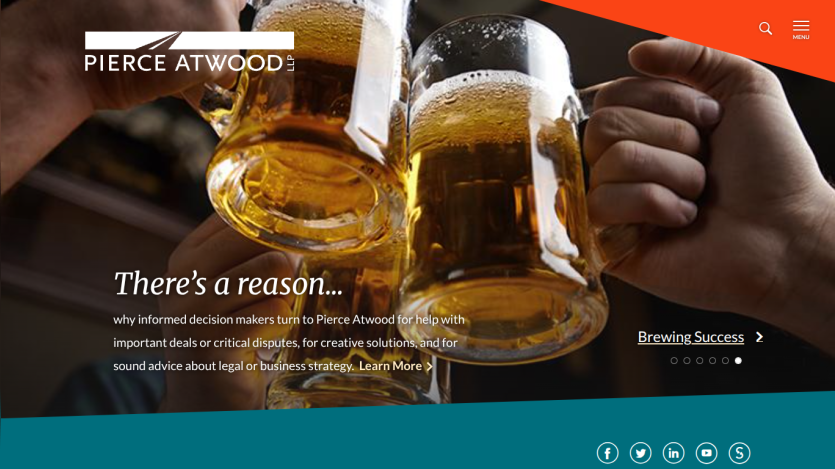Pierce Atwood LLP homepage with a wave background, tagline about legal and business strategy help, and navigation menu