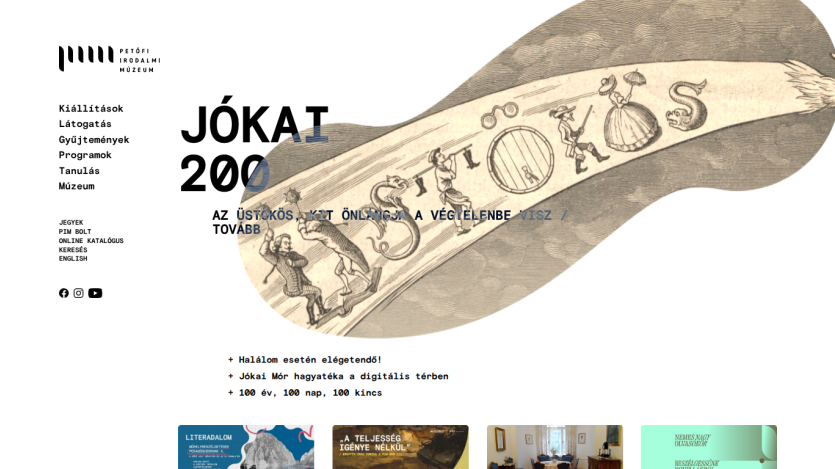 Petőfi Irodalmi Múzeum site with navigation menu and Jókai 200 exhibition promotion