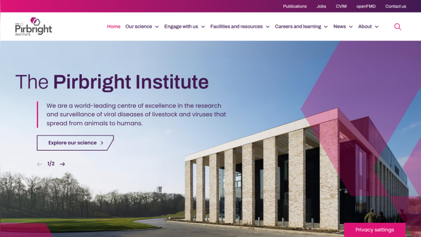 The Pirbright Institute homepage highlighting research on viral diseases of livestock and zoonotic viruses with a modern building image