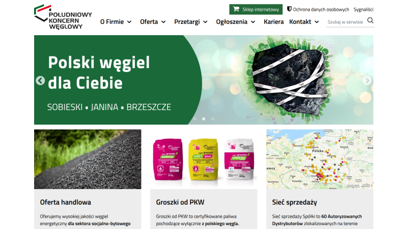 Polish coal company website with navigation menu, hero banner promoting Polish coal, product images, and sales network map