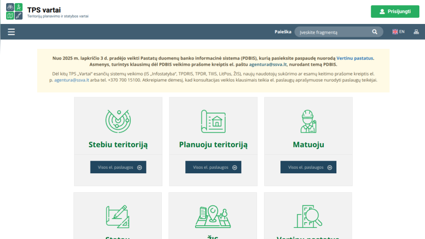 TPS vartai website with navigation, search bar, and service options for territory monitoring, planning, and measurement