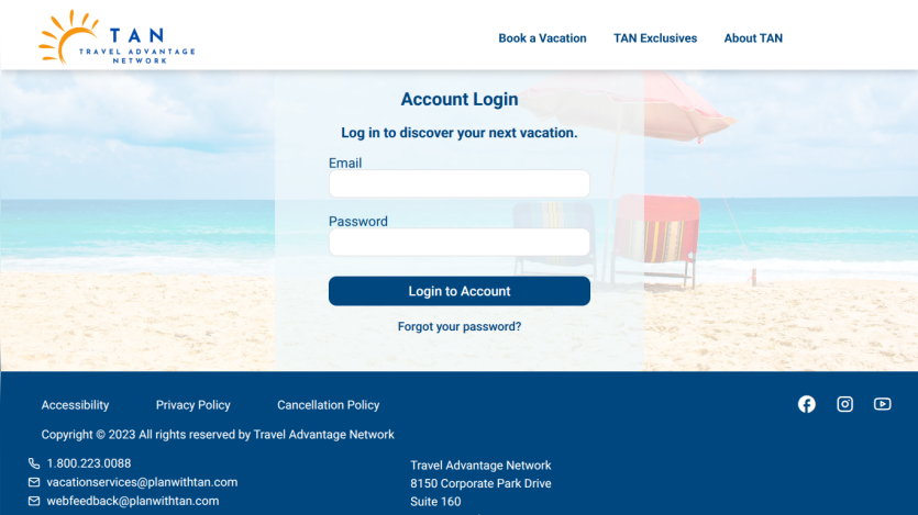 Travel Advantage Network account login page with email and password fields over a beach background