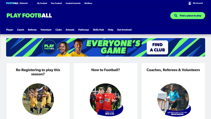Football Network site with navigation and sections for re-registering, new players, and coaches/referees/volunteers