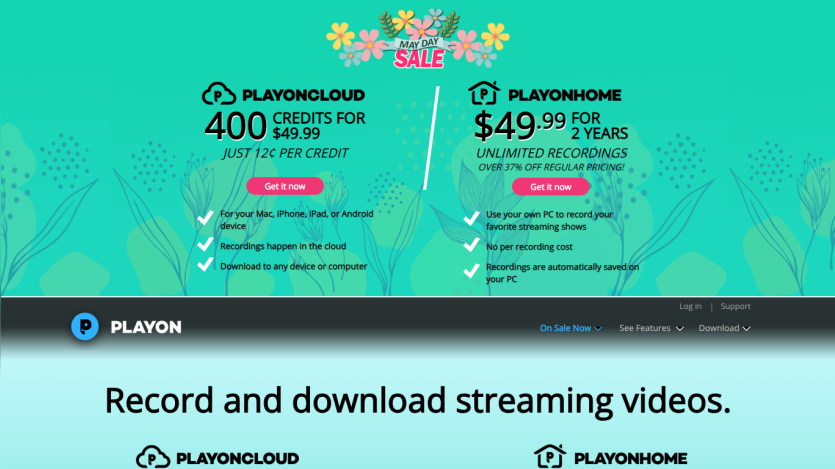 Promotional section for PlayonCloud and PlayonHome with pricing details and features.
