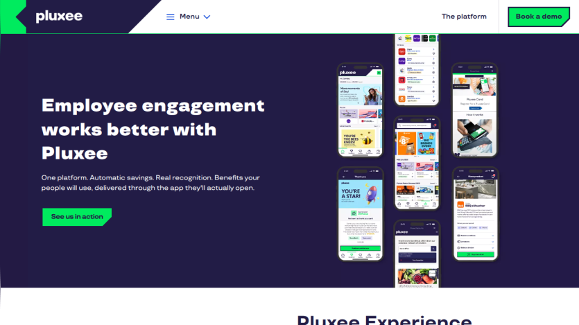 Pluxee platform homepage showing employee engagement benefits and app screenshots with call to action