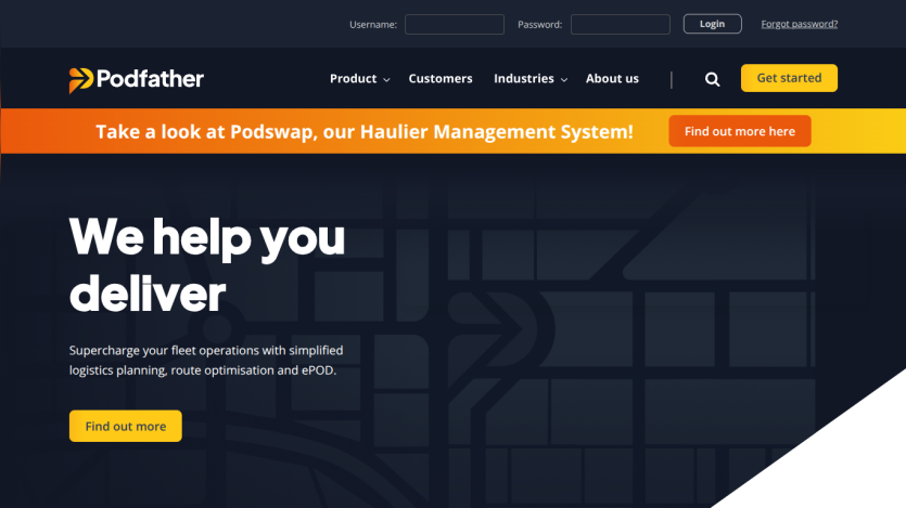 Podfather homepage with navigation, login, and hero text about fleet operations and logistics planning