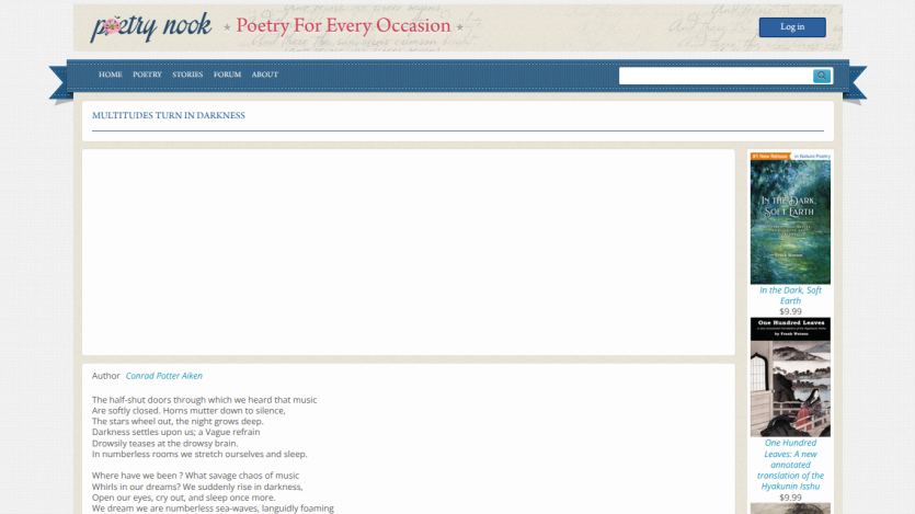 Poetry website featuring a poem titled 'Autumn' by Conrad Aiken with navigation and search bar at top