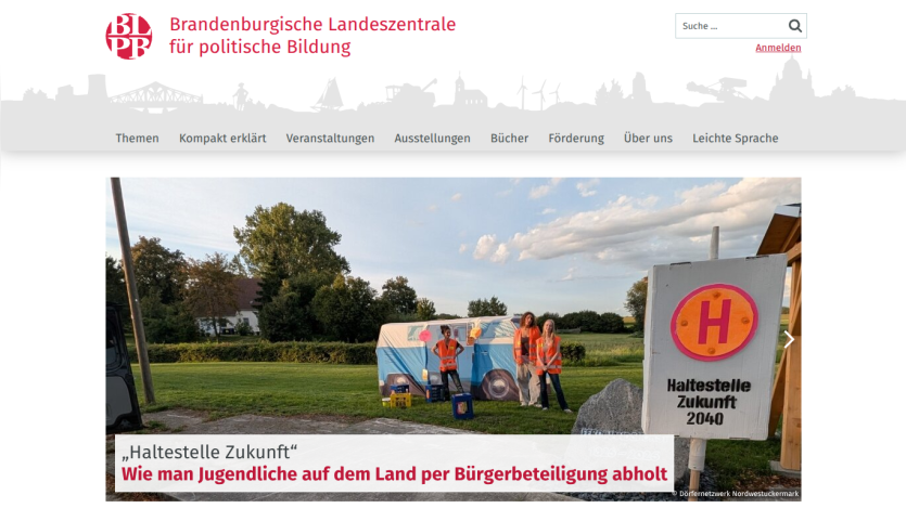 Brandenburgische Landeszentrale für politische Bildung website with navigation and hero image about youth participation in rural areas