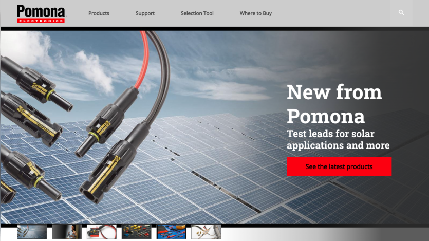 Pomona Electronics homepage with navigation and hero promoting test leads for solar applications
