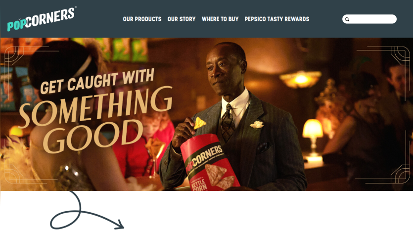 PopCorners website header with navigation and hero image of a man in a suit holding a PopCorners kettle corn bag with text 'Get caught with something good'