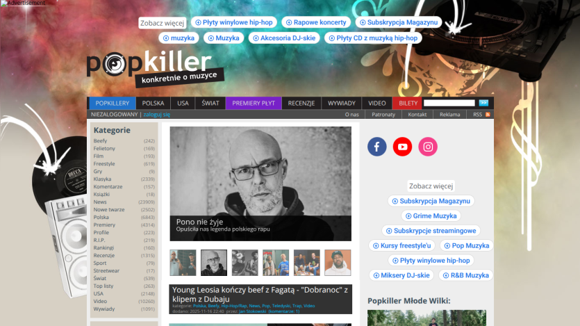 Popkiller music website with navigation, featured article on Polish rap legend Pono, and music category links.