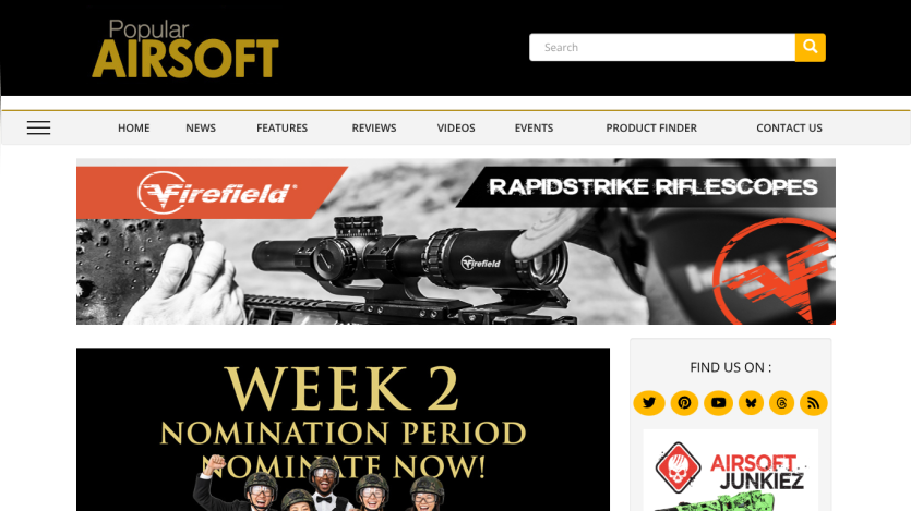 Popular Airsoft website with navigation menu, search bar, and Week 2 nomination period announcement