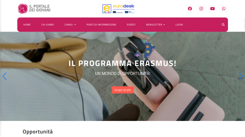 Youth portal homepage featuring Erasmus program promotion with navigation menu and social media icons